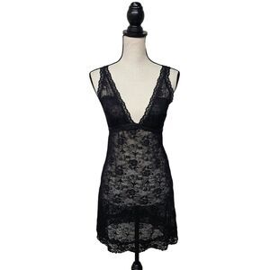 Vintage 90s Sexy Lingerie Nightgown Size Large Black Sheer Lace Slip Top Dress